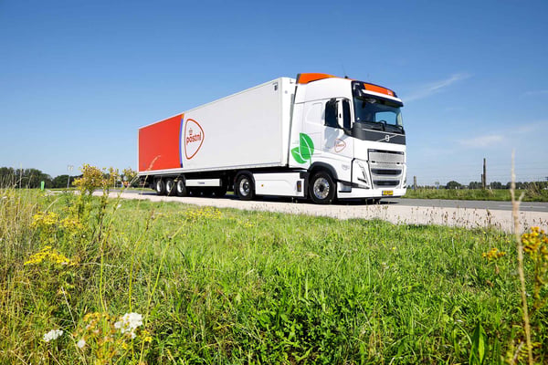 PostNL-vrachtwagen rijdt over een landelijke weg langs groen gras.
