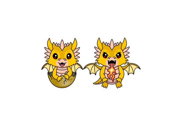 illustratie van twee babydraakjes, 1 in een ei en 1 met een vuurvlam