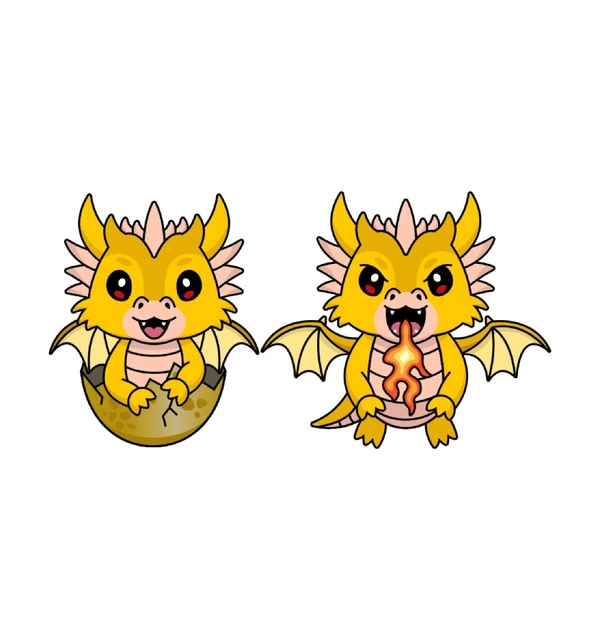 illustratie van twee babydraakjes, 1 in een ei en 1 met een vuurvlam